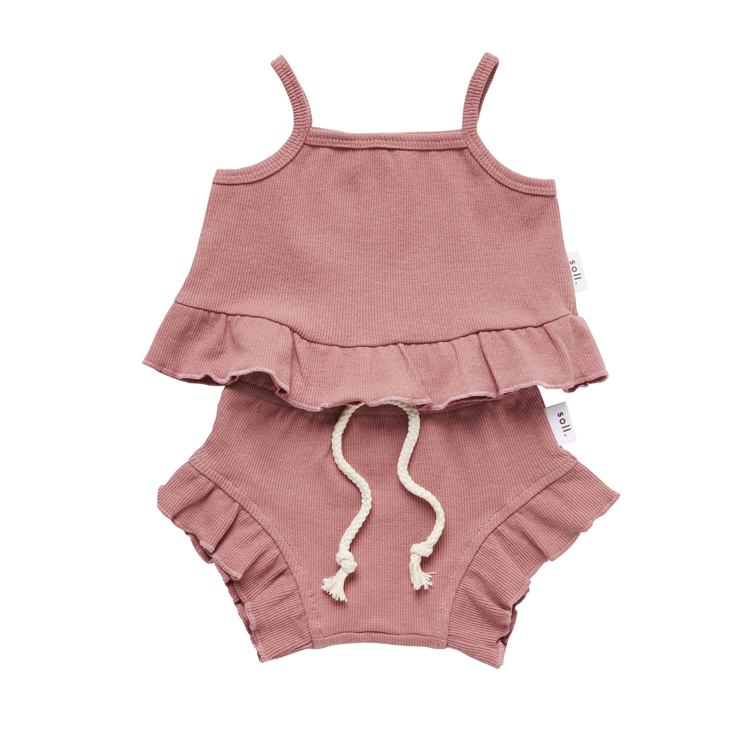 Ribbed Frill Singlet & Short Set - Dark Blush Ribbed Range Soll the Label