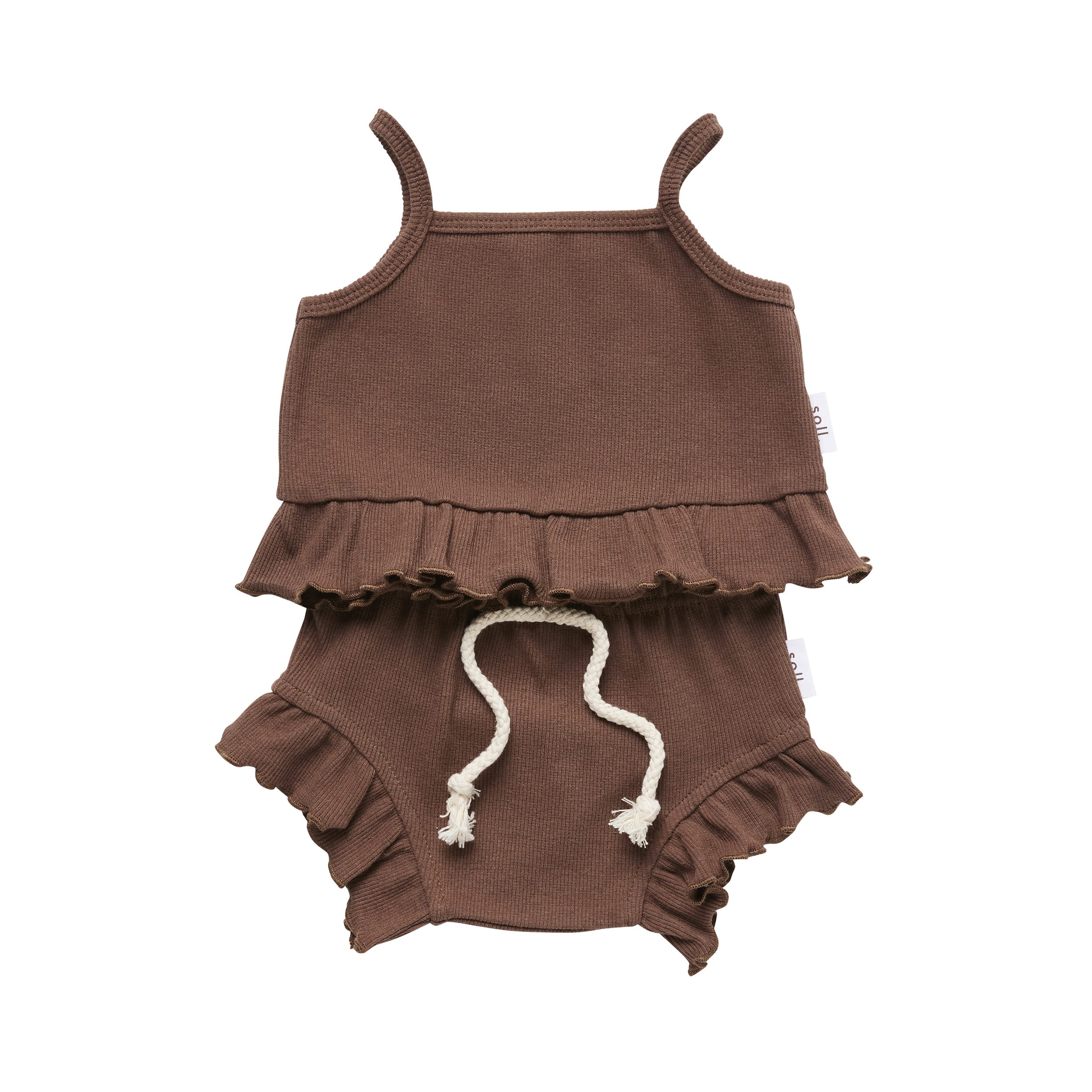 Ribbed Frill Singlet & Short Set- Dark Brown Ribbed Range Soll the Label