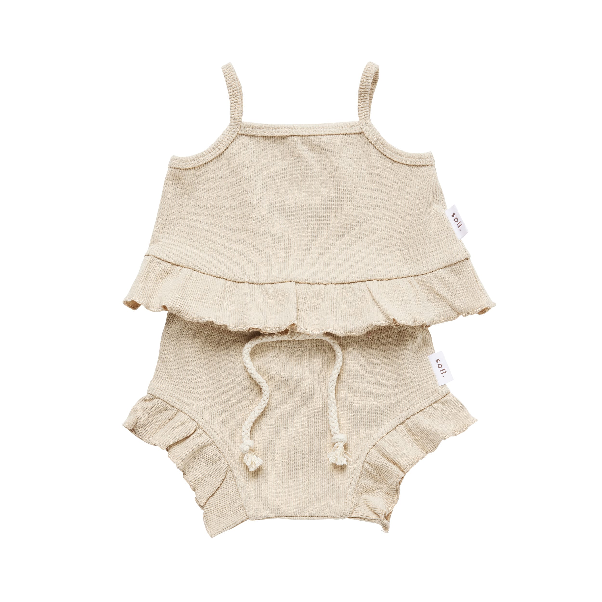 Ribbed Frill Singlet & Short Set - Oat Ribbed Range Soll the Label