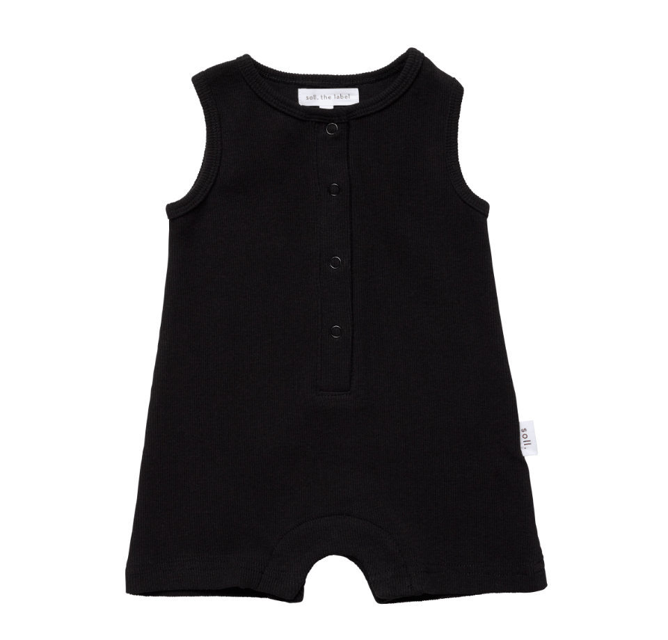 Ribbed Tank Romper with Buttons - Black Ribbed Range Soll the Label