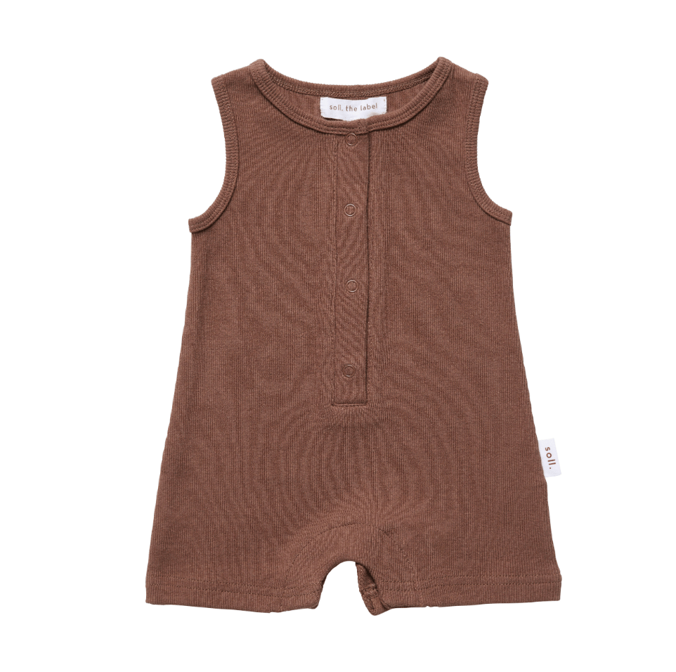 Ribbed Tank Romper with Buttons - Dark Brown Ribbed Range Soll the Label