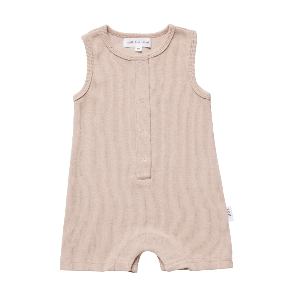 Ribbed Tank Romper with Buttons - Dusty Pink Ribbed Range Soll the Label