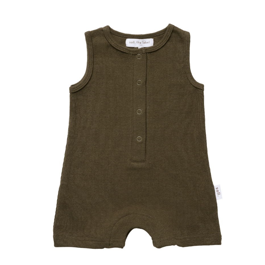 Ribbed Tank Romper with Buttons - Khaki Ribbed Range Soll the Label