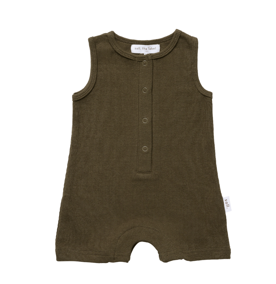 Ribbed Tank Romper with Buttons - Khaki Ribbed Range Soll the Label