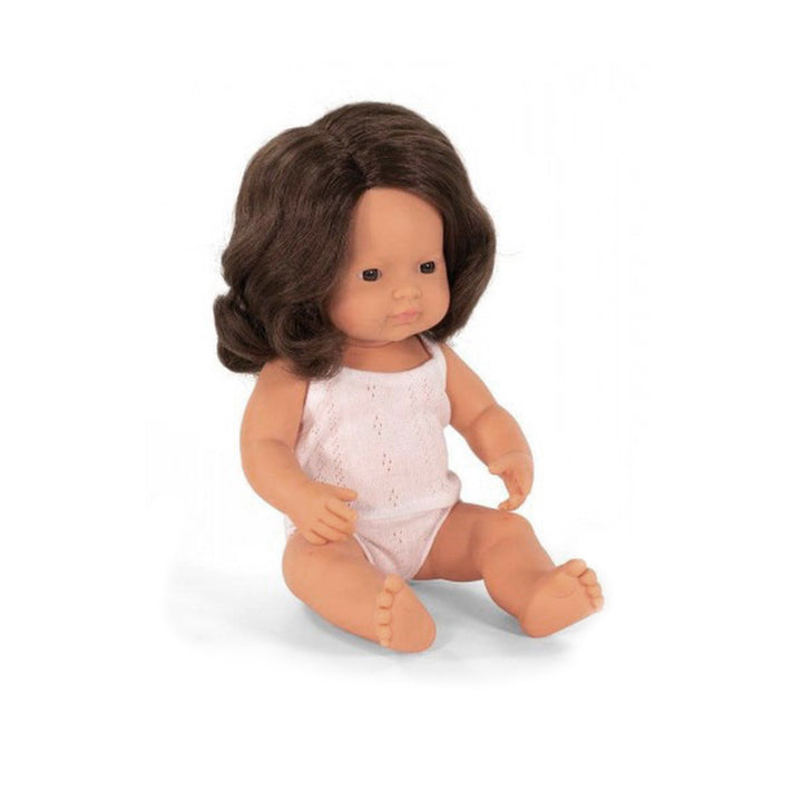 Miniland Doll. Baby Caucasian Girl Brunette. Soll. The Label